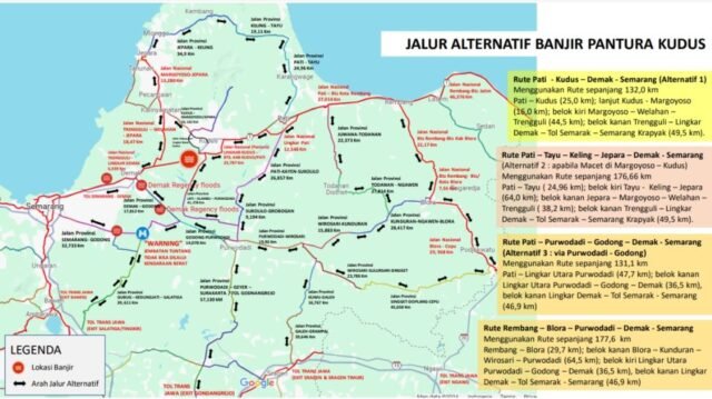 arus lalu lintas jalan pantura di ruas Karanganyar (Demak)-Kudus masih lumpuh, Akibat bencana banjir hingga Sabtu (10/2/2024).