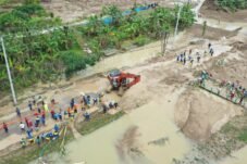"Pemandangan udara lahan persawahan di Kabupaten Grobogan yang tertutup luapan air banjir berwarna cokelat, menyisakan pucuk tanaman padi yang hijau di permukaan air seluas 1.842 hektare.
