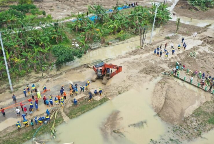 "Pemandangan udara lahan persawahan di Kabupaten Grobogan yang tertutup luapan air banjir berwarna cokelat, menyisakan pucuk tanaman padi yang hijau di permukaan air seluas 1.842 hektare.