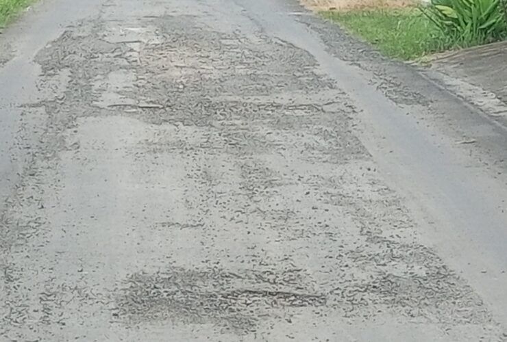 Kondisi aspal latasir yang retak dan berlubang pada proyek rehabilitasi jalan Tambahmulyo-Sugingwarno, Kecamatan Gabus, Pati, pada Februari 2026.