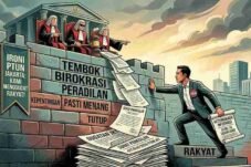 Ilustrasi PTUN Jakarta menggugat balik PKN terkait transparansi anggaran, simbol konflik kepentingan dan tembok birokrasi peradilan.