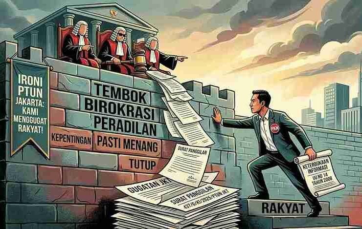 Ilustrasi PTUN Jakarta menggugat balik PKN terkait transparansi anggaran, simbol konflik kepentingan dan tembok birokrasi peradilan.
