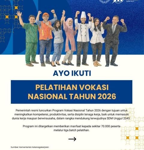 Poster pengumuman resmi Pendaftaran Pelatihan Vokasi Nasional 2026 Diperpanjang hingga 24 Maret untuk meningkatkan kompetensi kerja.