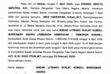 Dokumen resmi Akta Permohonan Kasasi Badan Litbang Diklat Kumdil Mahkamah Agung nomor 407/G/KI/2025/PTUN-JKT tertanggal 7 April 2026.